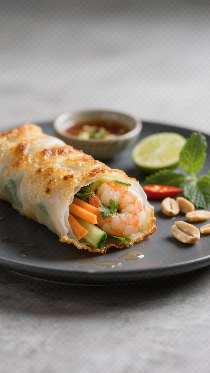 Close-up detail: A freshly pan-fried rice paper roll cut on a bias, showing a tight mosaic of shrimp