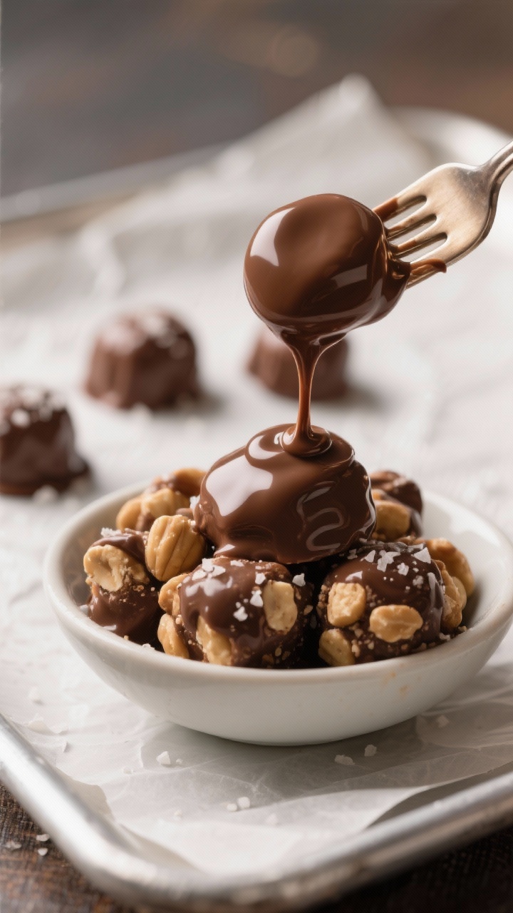 Close-up detail: A mound of chilled maple-peanut centers being dipped into glossy melted milk chocol
