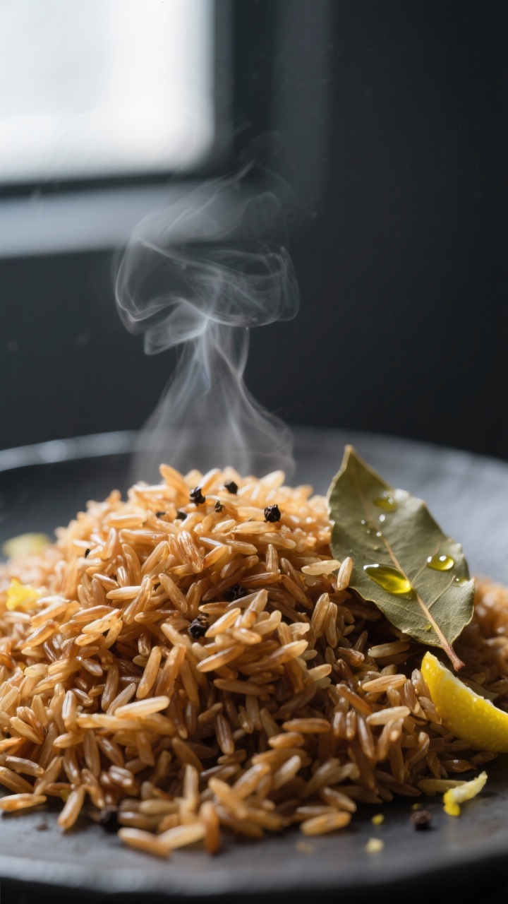 Close-up detail: Fluffy brown basmati rice just after steaming, grains separate and tender with a sl