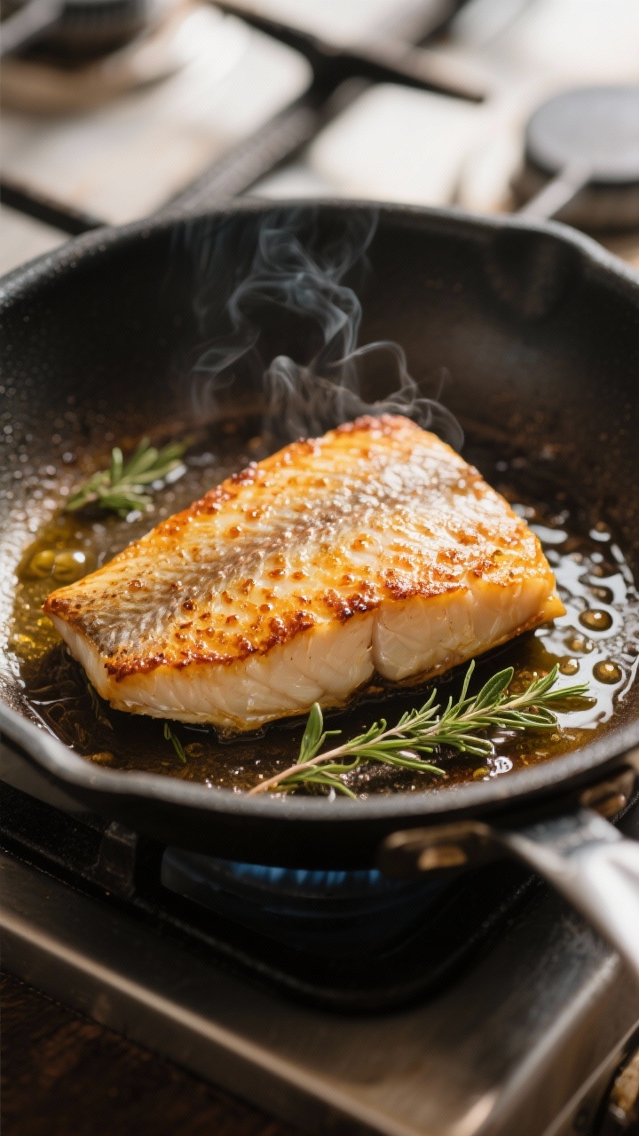Close-up detail: Searing Chilean sea bass fillet skin-side down in a hot stainless skillet, golden-b