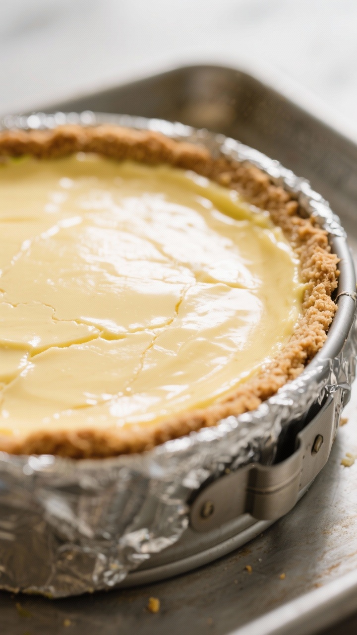Close-up detail shot of a freshly baked key lime cheesecake still in the springform pan after the ge