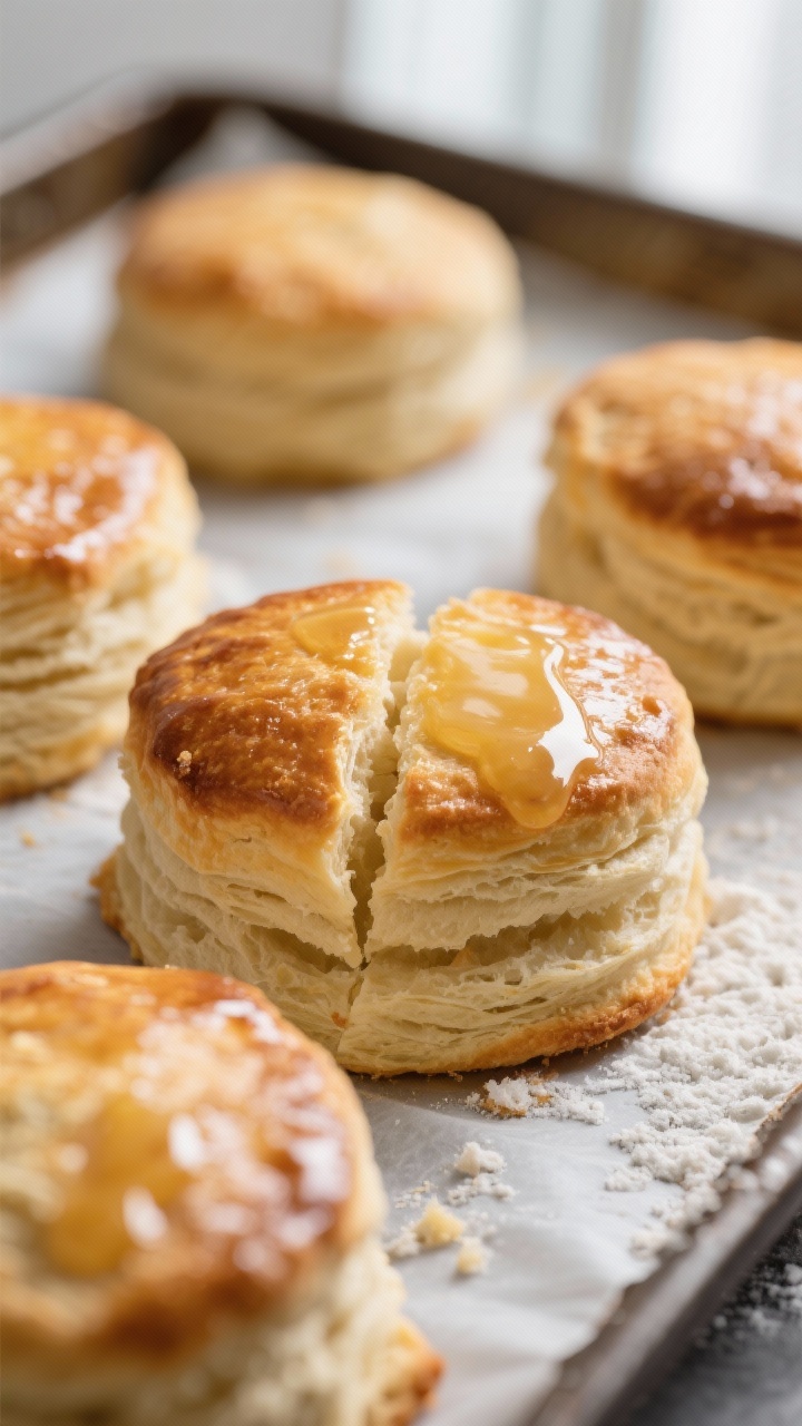 Close-up detail shot of freshly baked Bojangles-style biscuits just out of the oven on a parchment-l