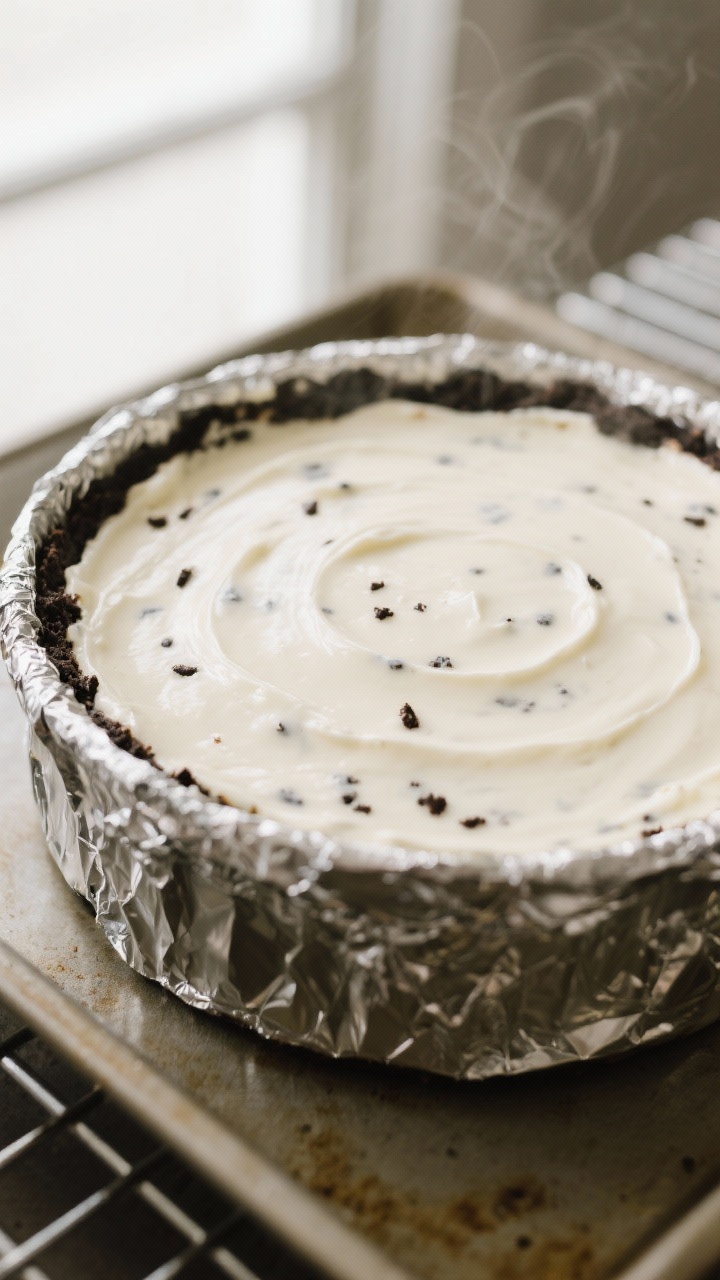 Close-up detail shot of the baked Oreo cheesecake just out of the oven in its foil-wrapped 9-inch sp