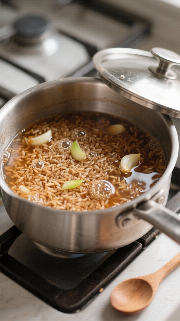 Cooking process: Brown rice simmering gently in a stainless saucepan, prepared in savory broth with 