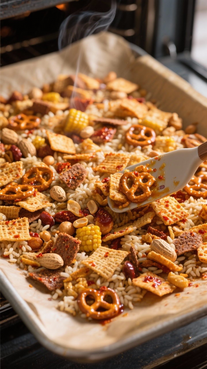 Cooking process close-up: A parchment-lined baking sheet in a 250°F oven with a thin, even layer of