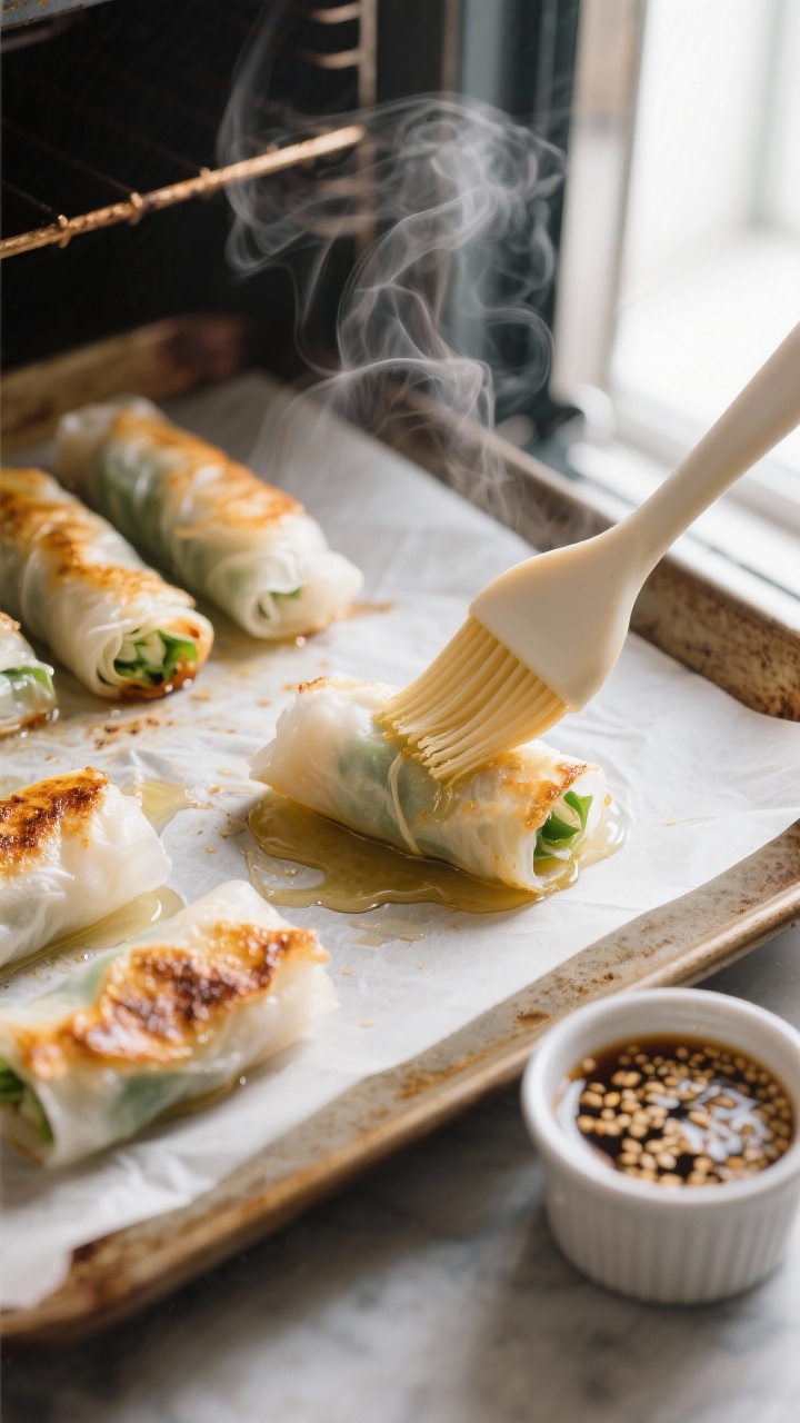 Cooking process: Oven-baked rice paper rolls on a parchment-lined sheet pan mid-bake at 400°F—rol