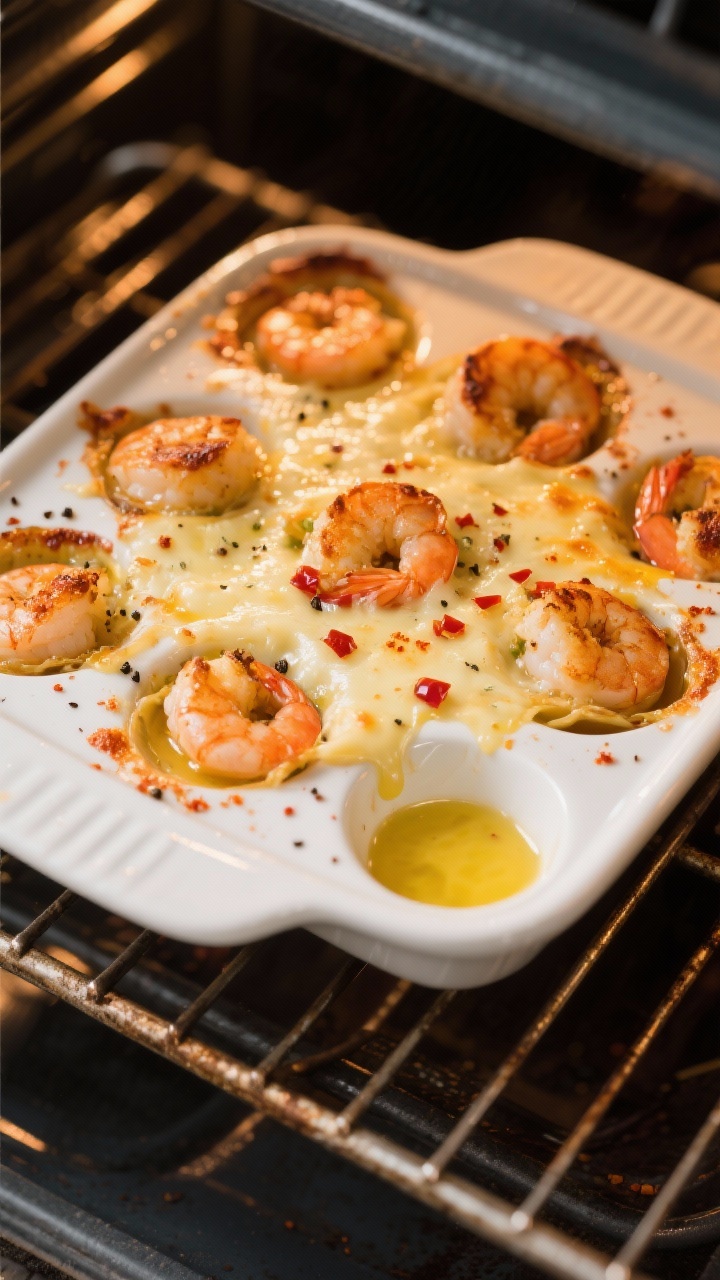 Cooking process: Overhead shot of shrimp cargot mid-bake finish under the broiler, cheese beginning