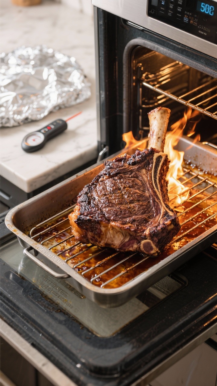 Cooking process: Overhead shot of the rested roast returning to a blazing 500°F oven for the final 