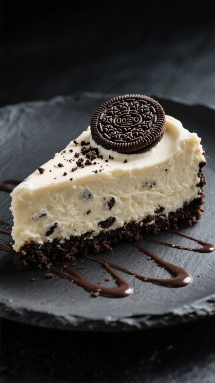 Dramatic close-up of a single plated slice of Cheesecake Factory-style Oreo cheesecake on a charcoal