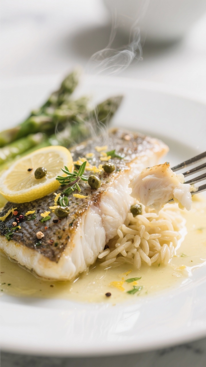 Final dish presentation: Chilean sea bass with lemon-herb finish, close 3/4 angle—moist, flaky int