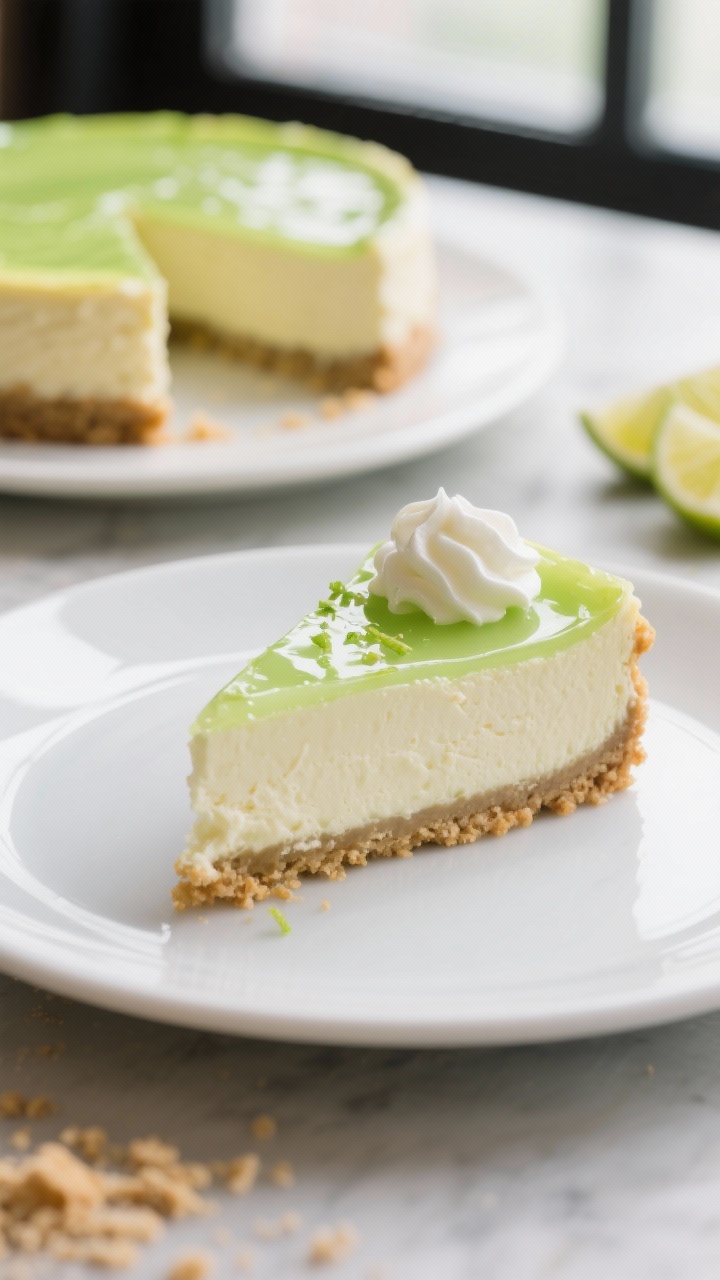 Final plated hero shot: a single slice of key lime cheesecake on a matte white dessert plate, showca