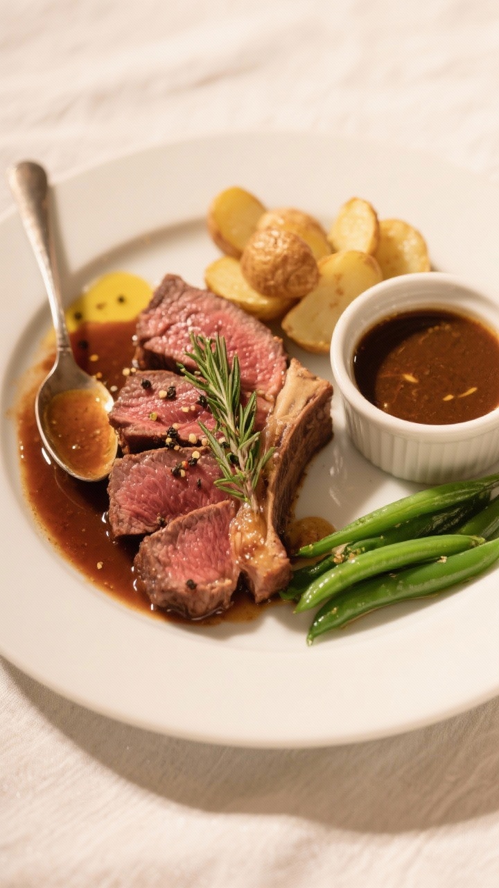 Final plated presentation: Restaurant-quality plate of prime rib with 1/2–3/4-inch slices fanned o