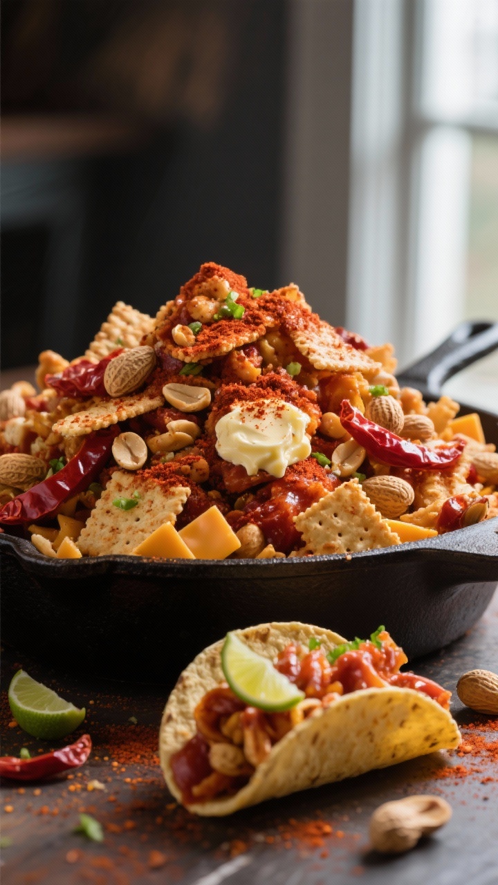 Final presentation close-up: Game day serving scene with the mix piled high in a cast-iron skillet k