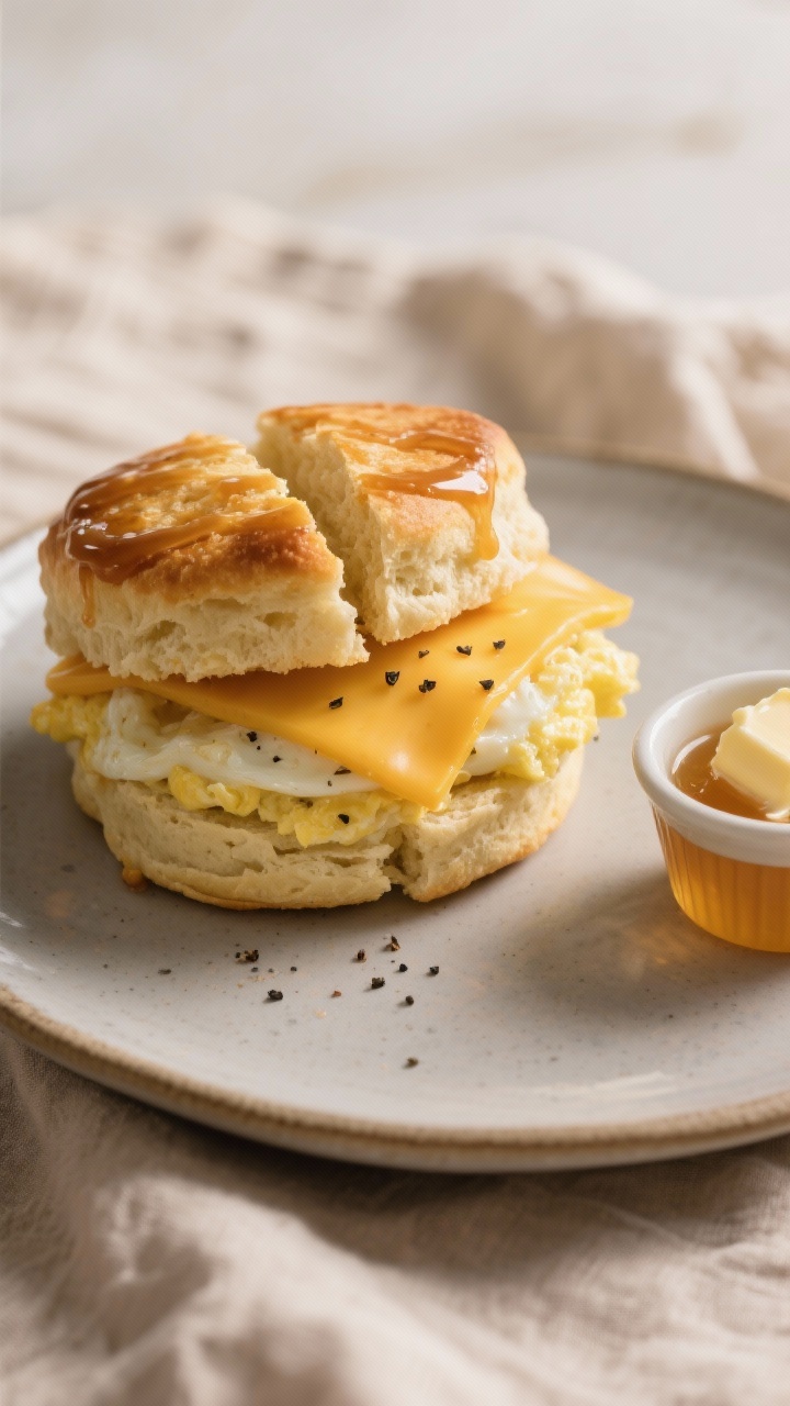 Overhead “tasty top view” of a biscuit breakfast sandwich: split biscuit with fluffy layered int