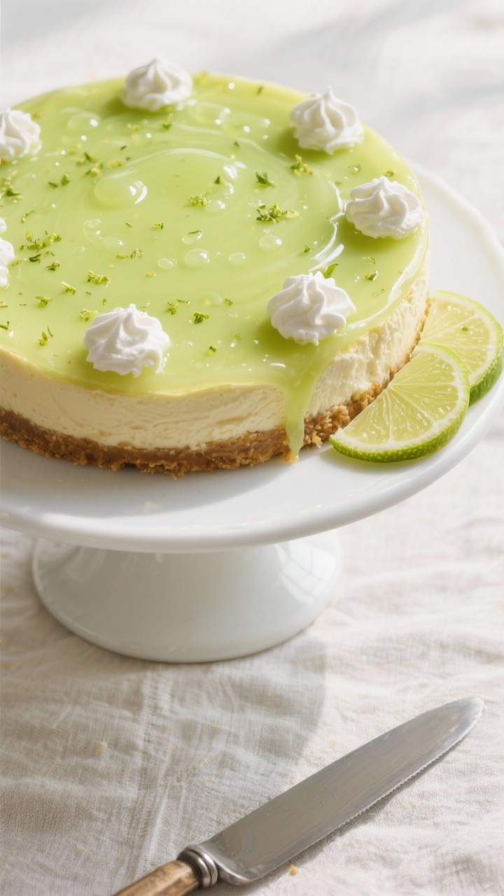 Overhead “tasty top view” of the chilled cheesecake after topping: a smooth, glossy key lime gla