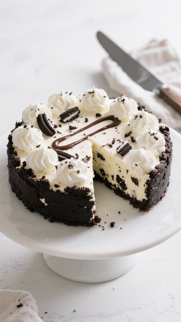 Overhead “tasty top view” of the fully chilled Oreo cheesecake on a matte white cake stand, clea