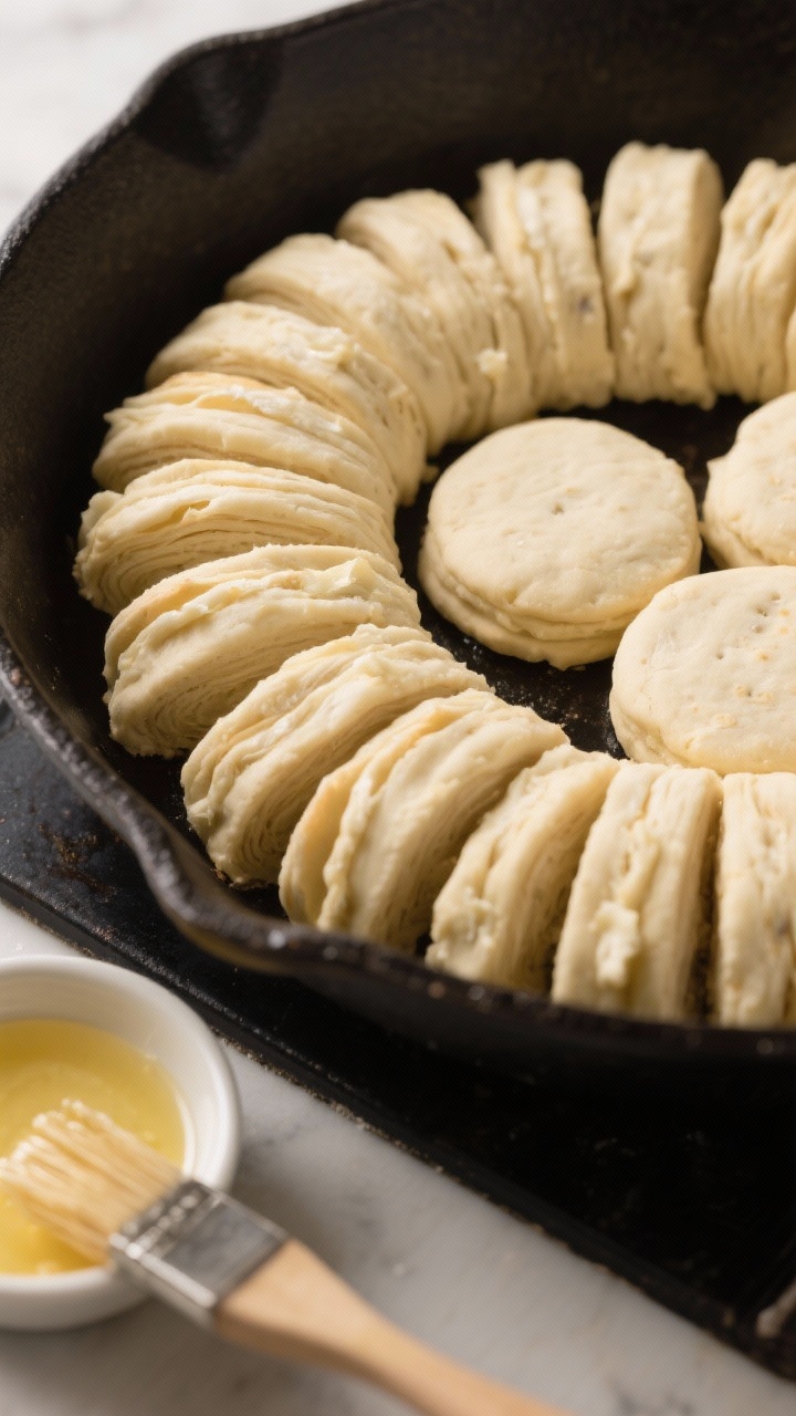 Process-focused close-up of cut, unbaked laminated biscuits arranged snugly and touching in a prehea