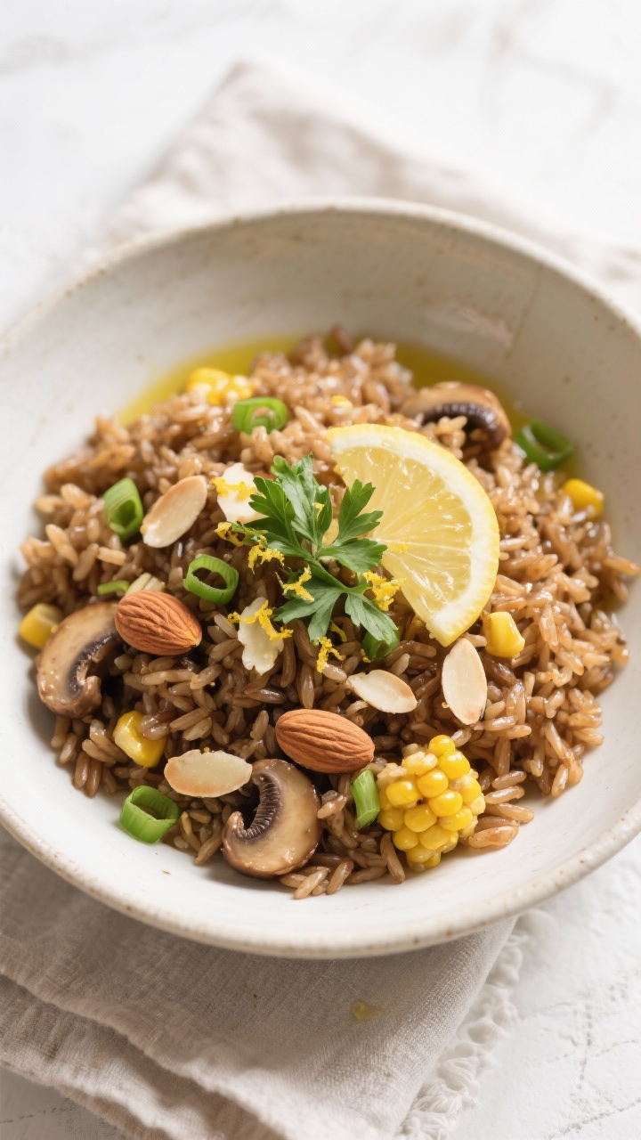Tasty top view (final dish): Overhead shot of a beautifully plated bowl of finished brown rice pilaf