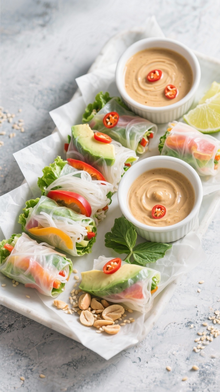 Tasty top view: Overhead platter of colorful fresh rice paper rolls arranged in a neat fan, each rol