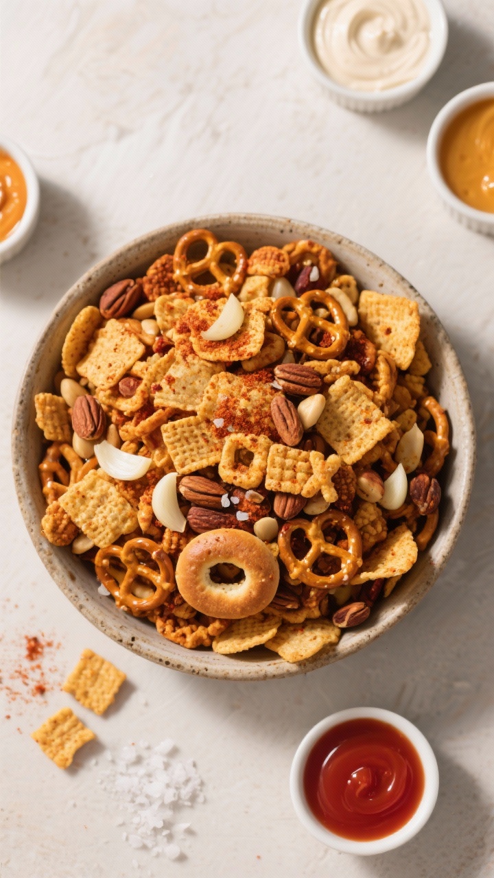 Tasty top view: Overhead shot of a large rustic bowl overflowing with finished spicy Chex mix, every