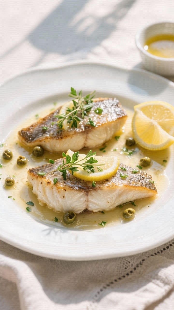 Tasty top view: Overhead shot of Chilean sea bass just plated and sauced—two flaky fillets topped 