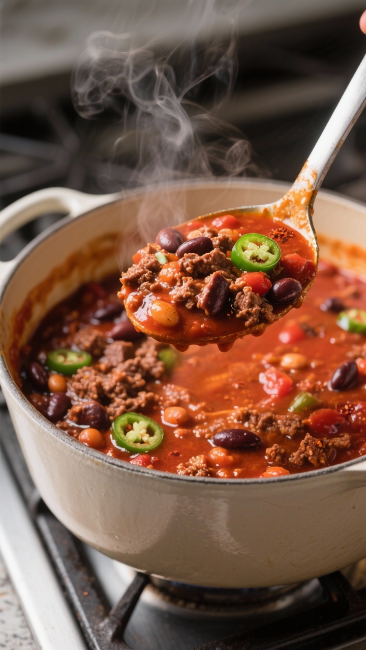 Close-up detail: A ladle lifting thick Pepper Belly Pete–style chili from a Dutch oven mid-simmer,