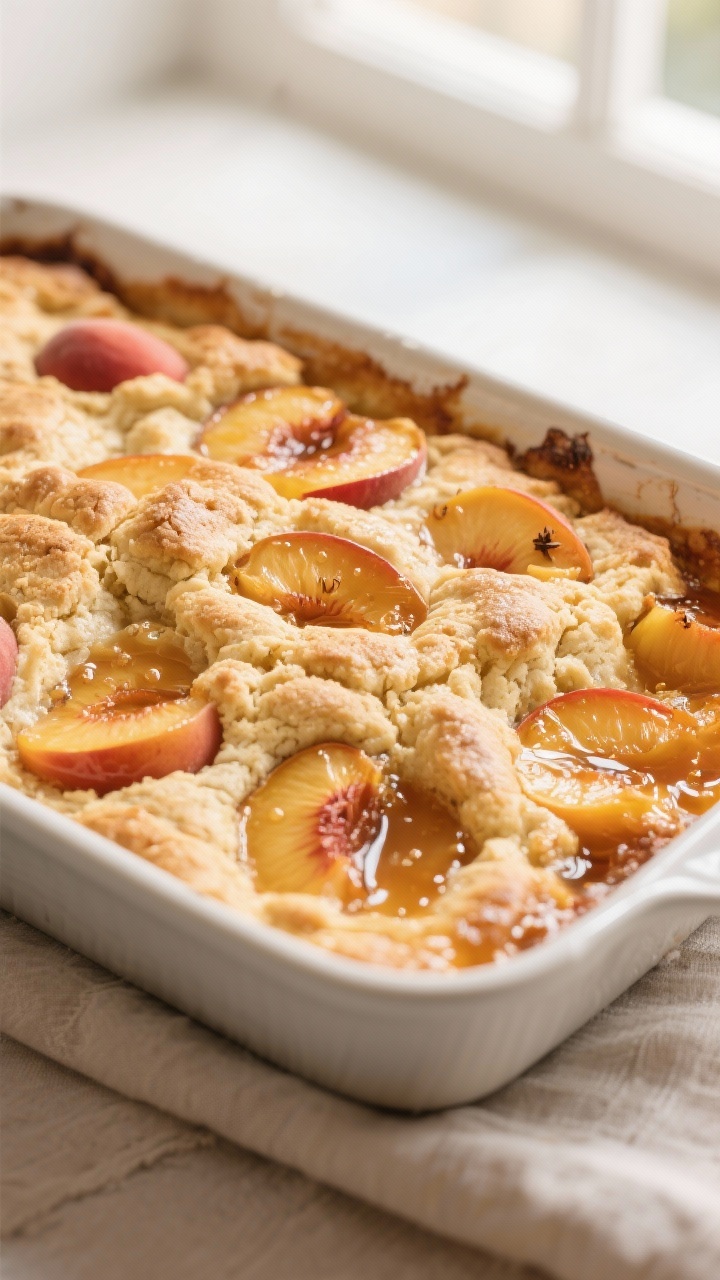 Close-up detail: Golden, bubbling old-fashioned peach cobbler just out of the oven, showing a crisp,