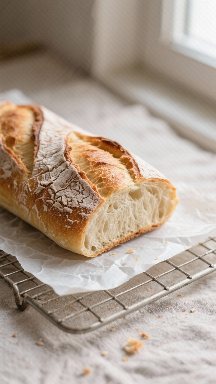 Close-up detail: Just-baked French bread loaf on a wire rack, crust thin and blistered with delicate