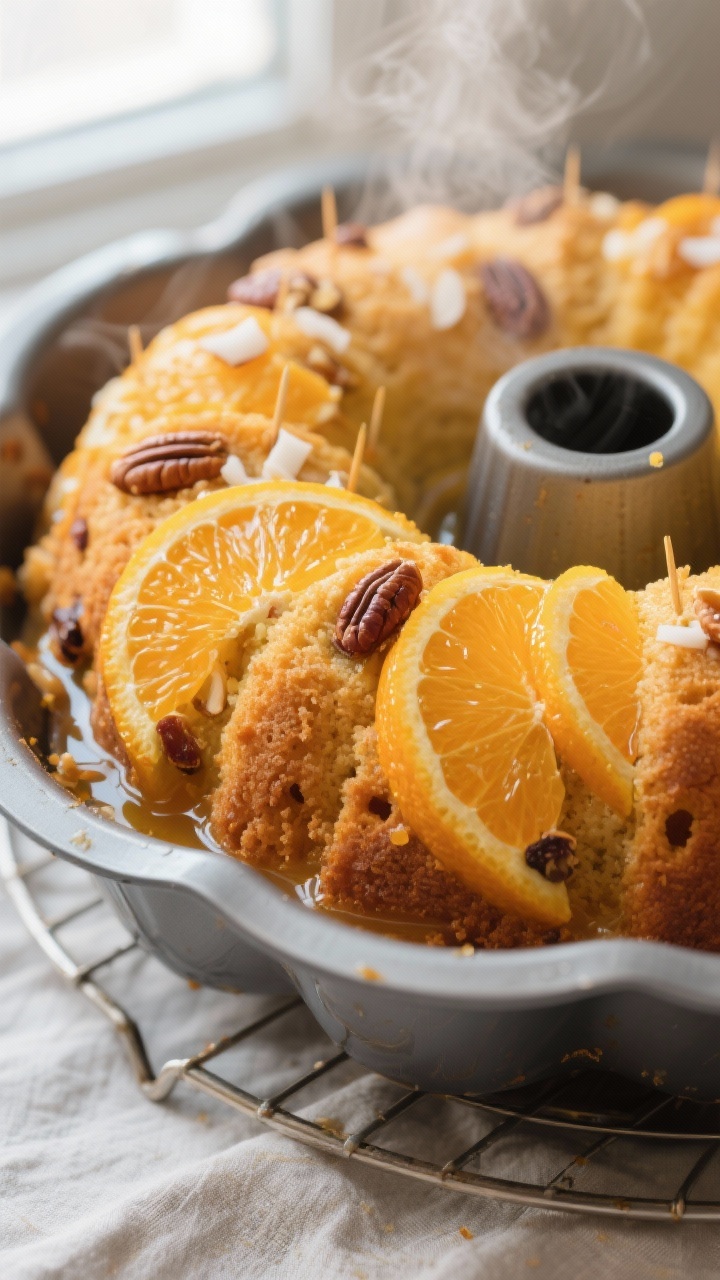 Close-up detail shot of a freshly baked Orange Slice Cake still in the Bundt pan just after the citr