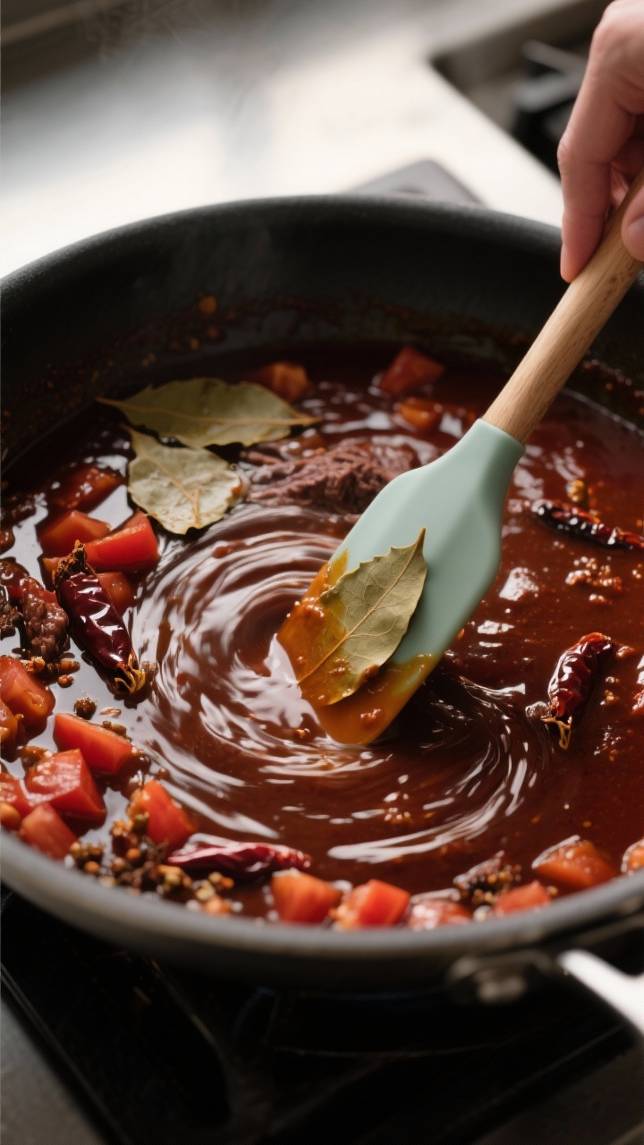 Cooking process: Chili base being deglazed and brought to a gentle boil in a heavy pot right after b