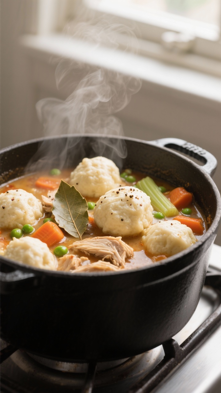 Cooking process, close-up detail: Close-up of fluffy drop dumplings steaming atop a gently simmering