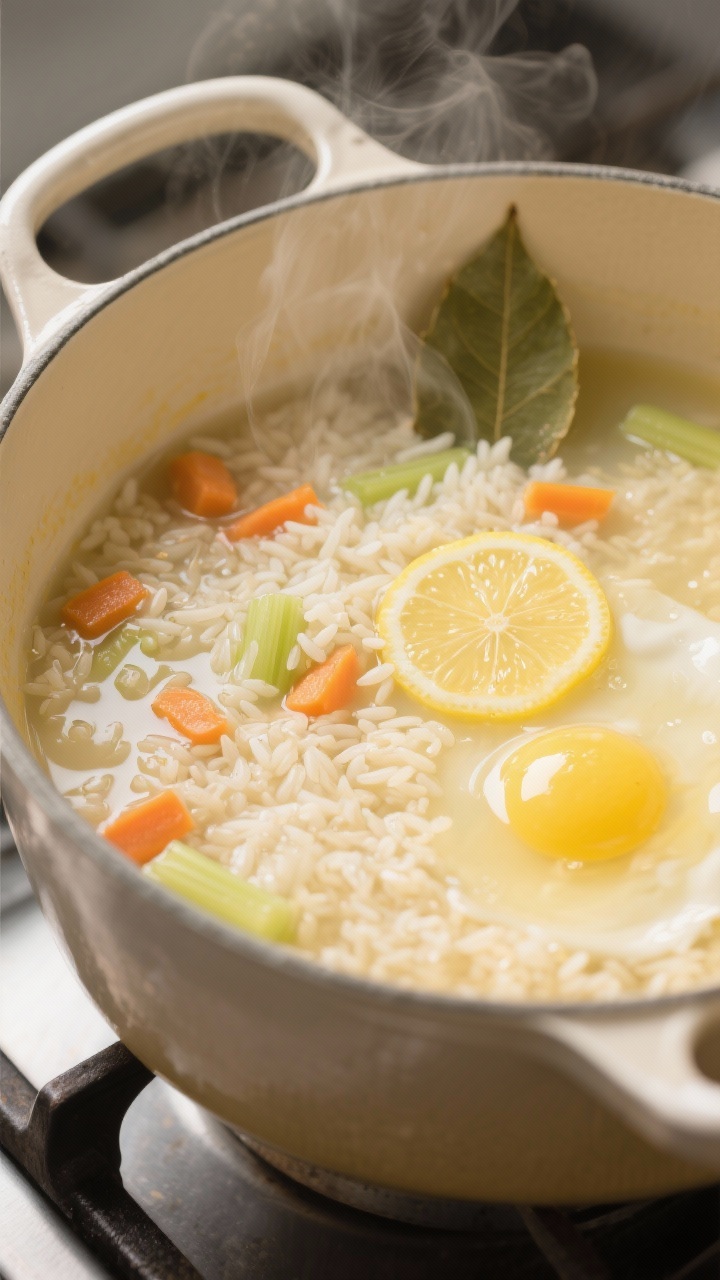 Cooking process, close-up detail: Close-up of lemon rice soup just after the tempered lemon-egg mixt