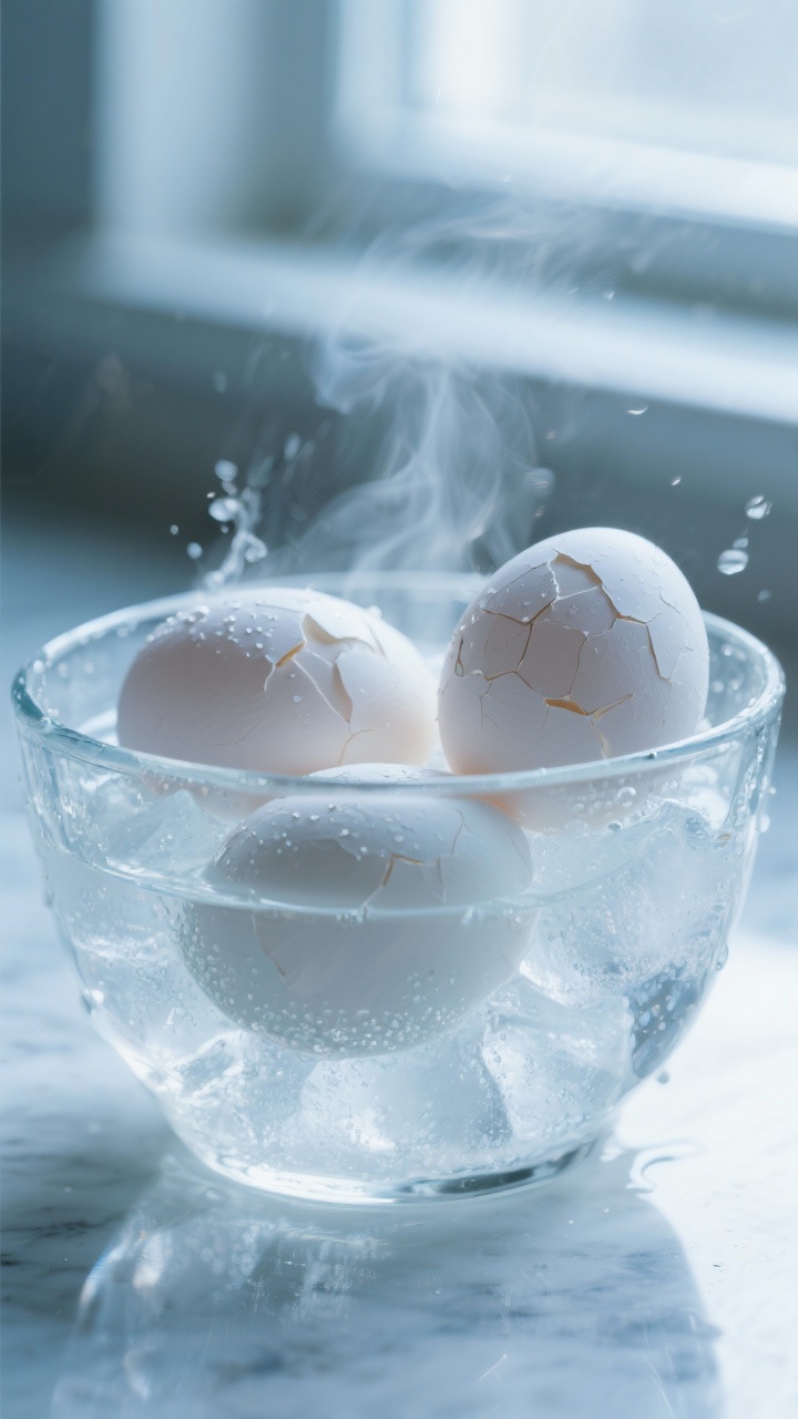 Cooking process close-up: Just-cooked hard-boiled eggs being shocked in a clear bowl of ice water, s