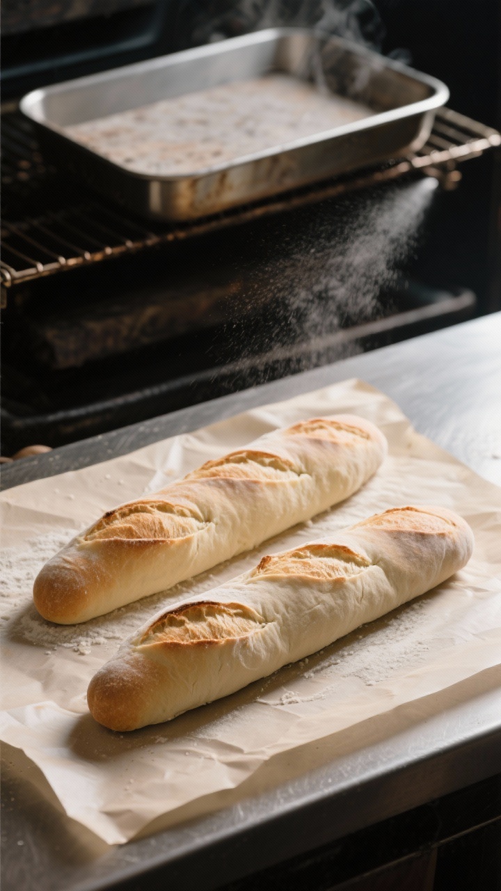 Cooking process: Overhead shot of two shaped French bread logs resting on parchment after scoring, s