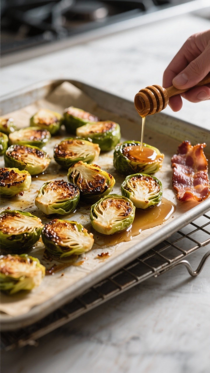 Cooking process: Sheet pan of halved Brussels sprouts just out of a 425°F oven, cut-side down with 