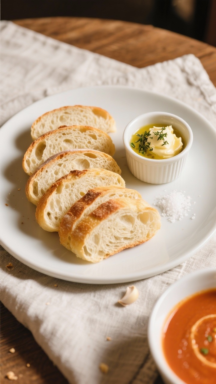Final dish presentation: Overhead, top-down shot of sliced French bread arranged on a matte white pl