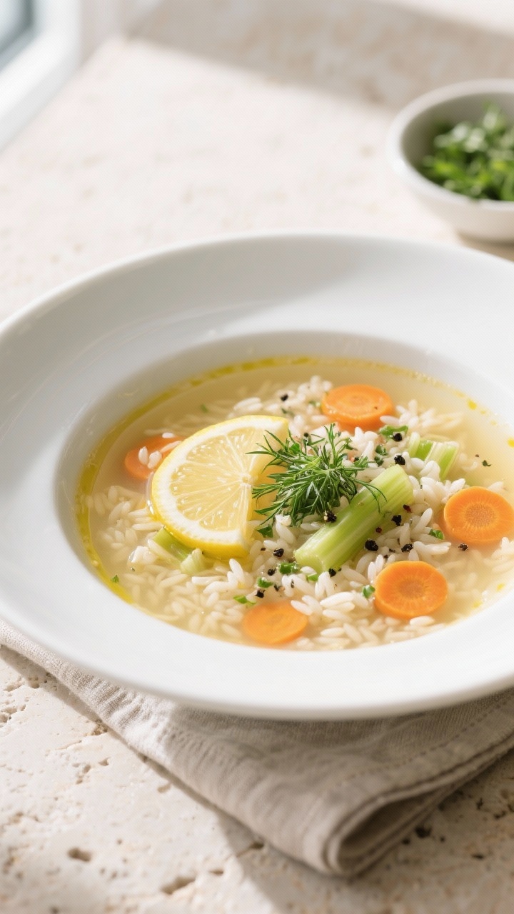 Final dish, restaurant-quality plating: Beautifully plated lemon rice soup in a wide white bowl, pal