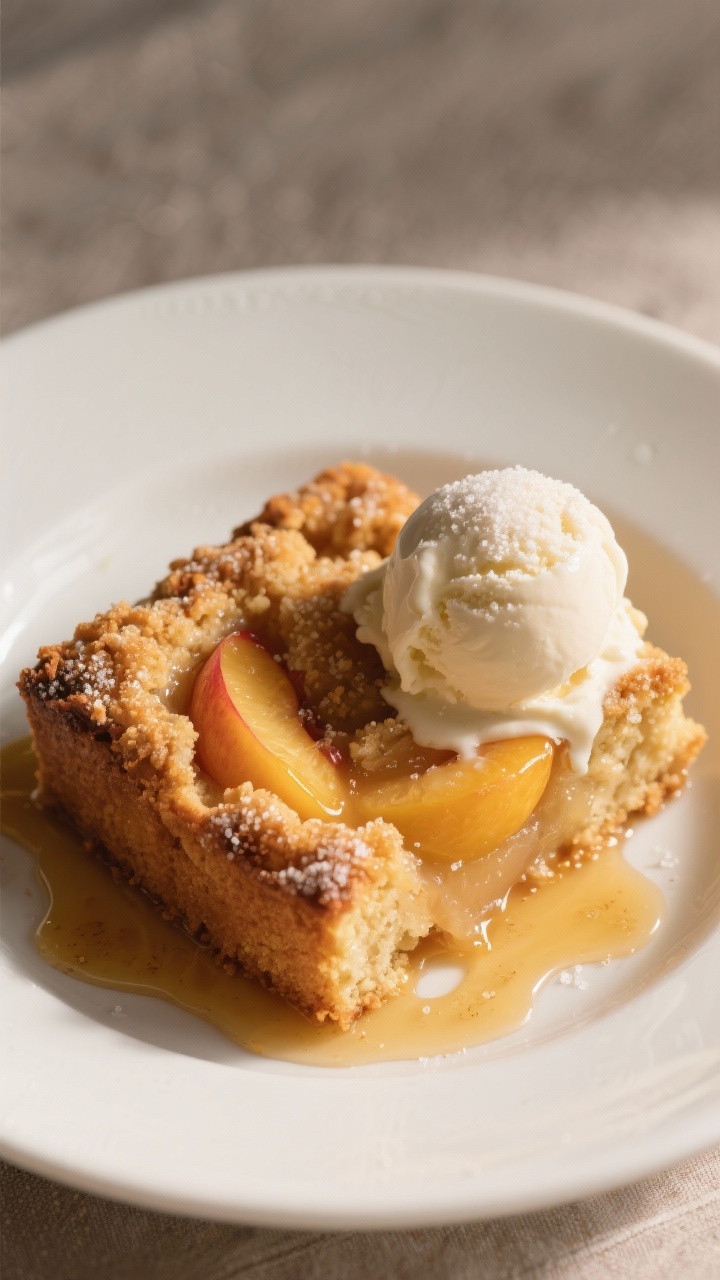 Final plated dish: Restaurant-quality presentation of a warm square of peach cobbler with a golden, 