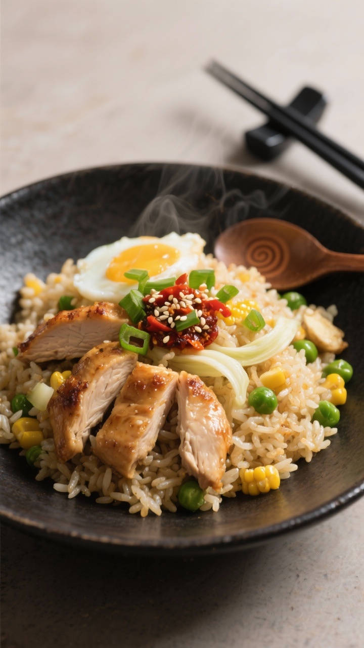 Final plated, elevated presentation: Beautifully plated chicken fried rice in a dark ceramic bowl, c