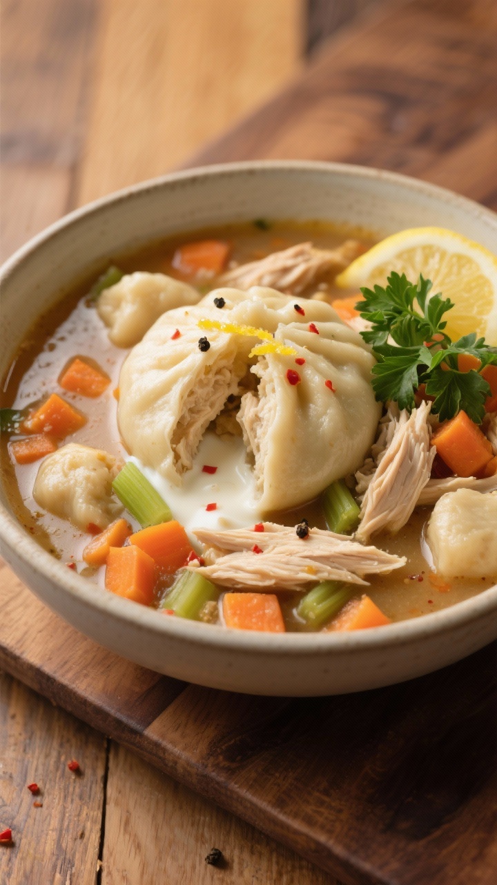 Final plated hero: Restaurant-quality presentation of a single generous bowl of chicken and dumpling