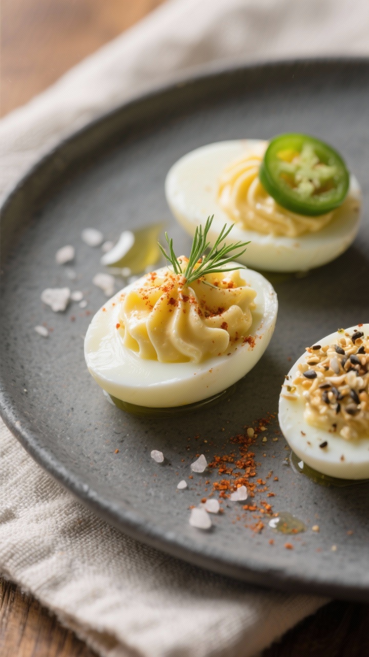 Final plated hero shot (close-up detail): Ultra-close profile of a trio of deviled egg halves on a s