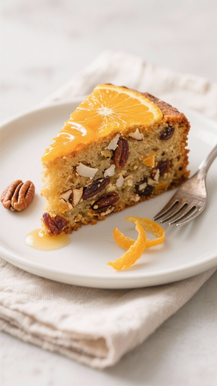 Final plated slice presentation: a thick, moist slice of Orange Slice Cake on a simple off-white pla
