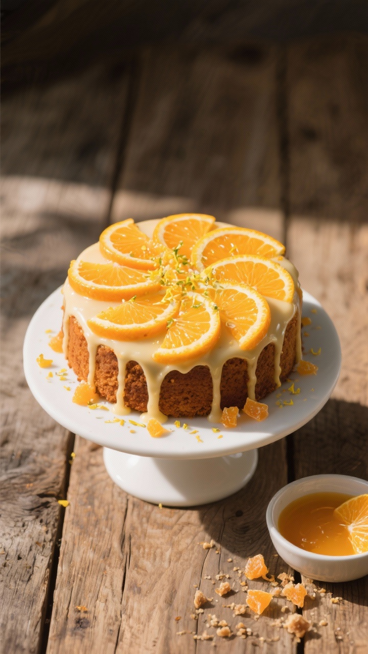 Overhead “tasty top view” of the fully cooled Orange Slice Cake turned out and drizzled with a t