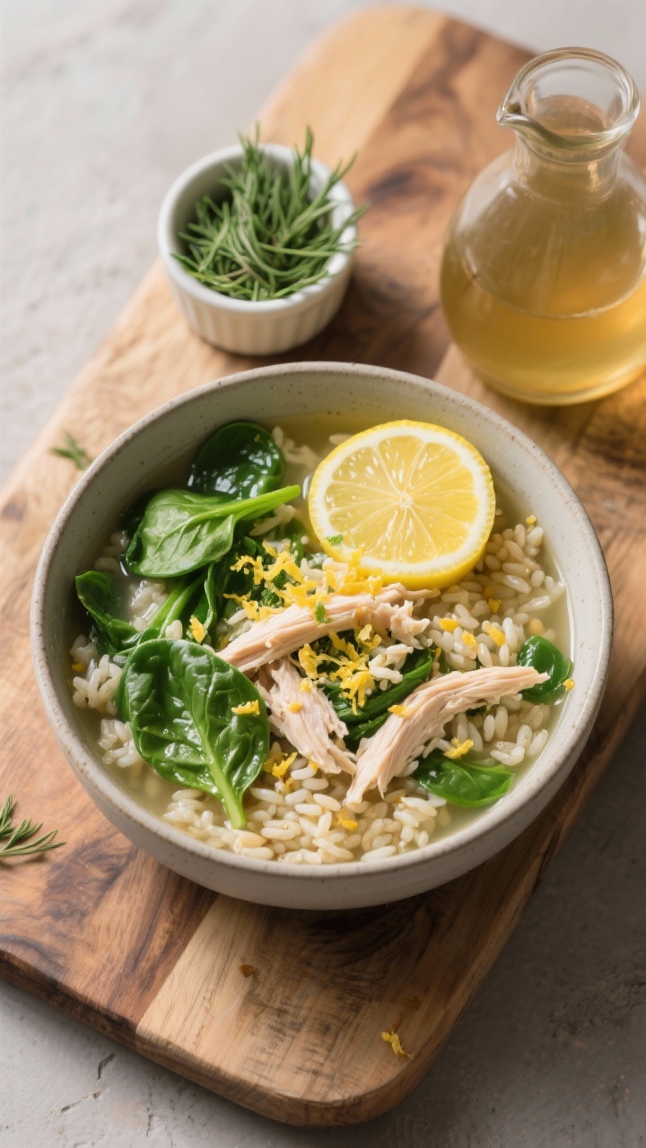 Tasty top-down variation shot: Overhead shot of a hearty lemon rice soup bowl featuring added baby s
