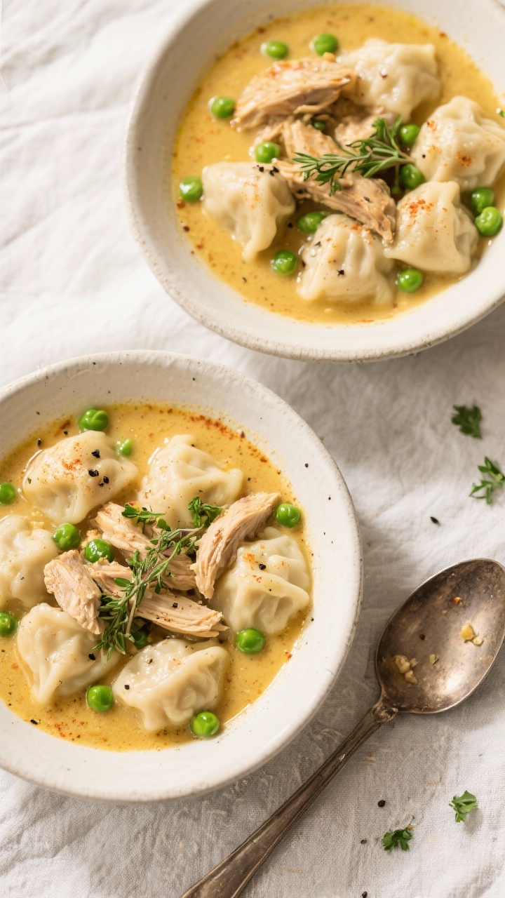 Tasty top view, overhead: Overhead shot of Pepper Belly Pete’s chicken and dumplings ladled into w