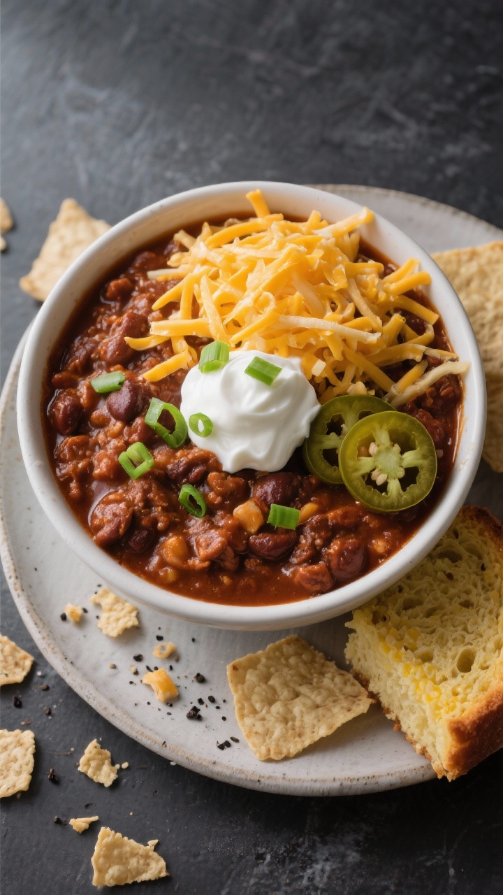 Tasty top view: Overhead shot of a generously filled bowl of the finished chili, ultra-rich and hear