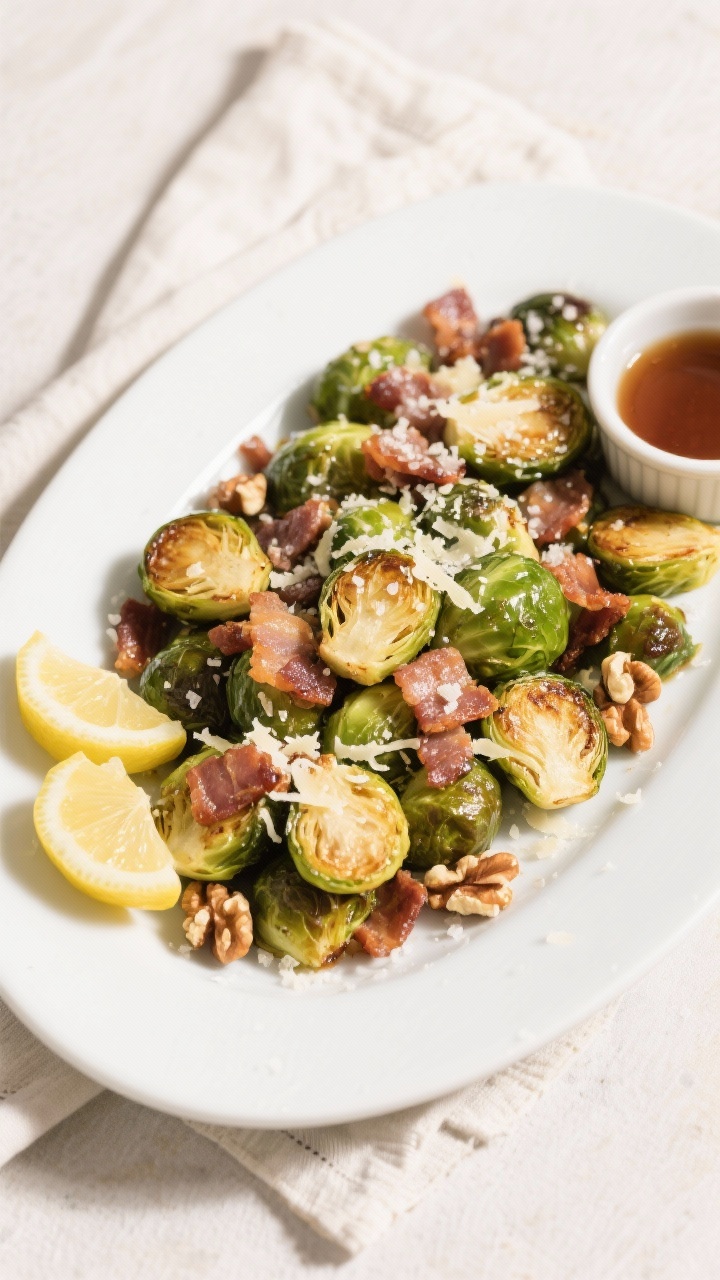 Tasty top view: Overhead shot of the final plated Brussels sprouts on a wide, matte white platter, s