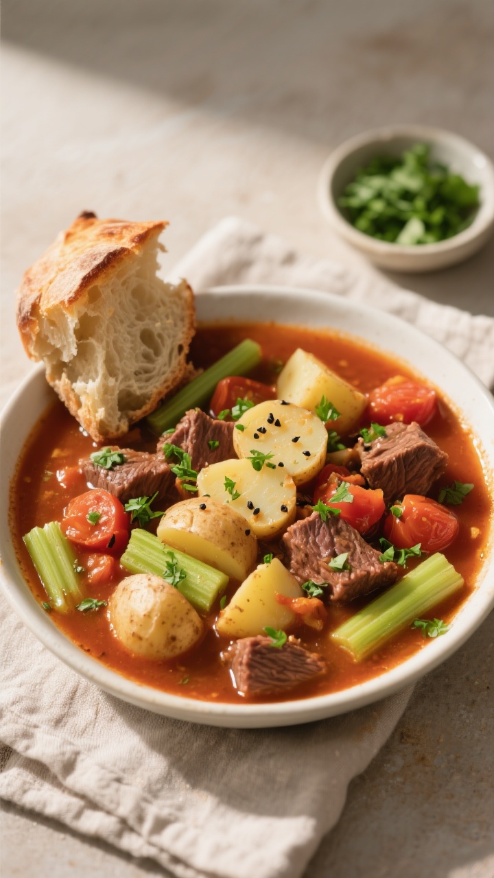 5-inch potato pieces, celery, and ultra-tender chuck in a deep, rich, tomato-and-Worcestershire-kiss