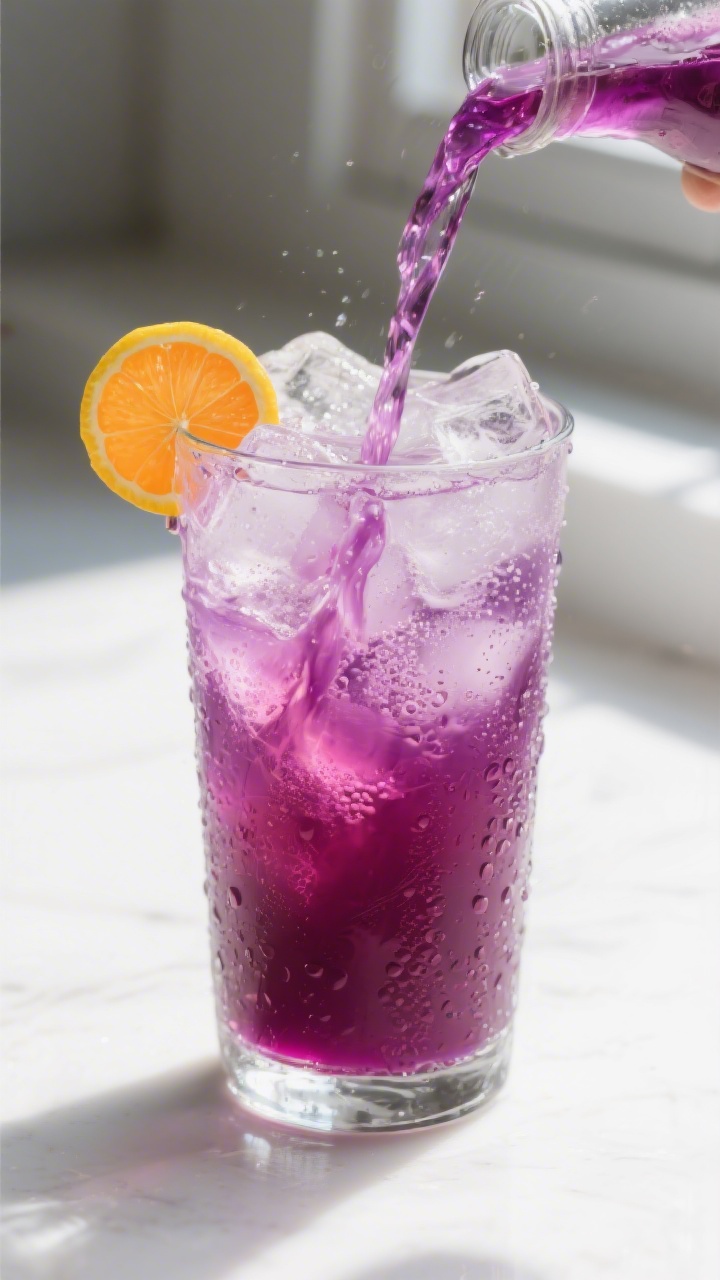 Close-up detail: A chilled glass of Purple Haze citrus-beet cooler being poured over clinking ice, d