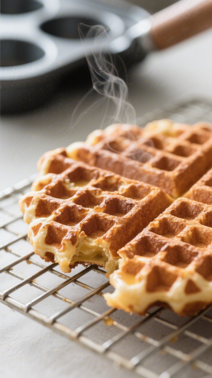 Close-up detail: A freshly cooked bubble waffle just released onto a cooling rack, deep golden-brown